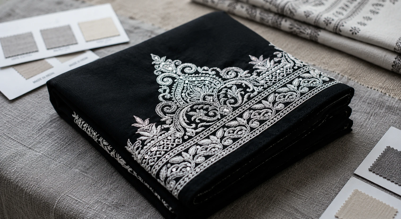 Printed and embroidered fabric for Oman import from India abaya dishdasha